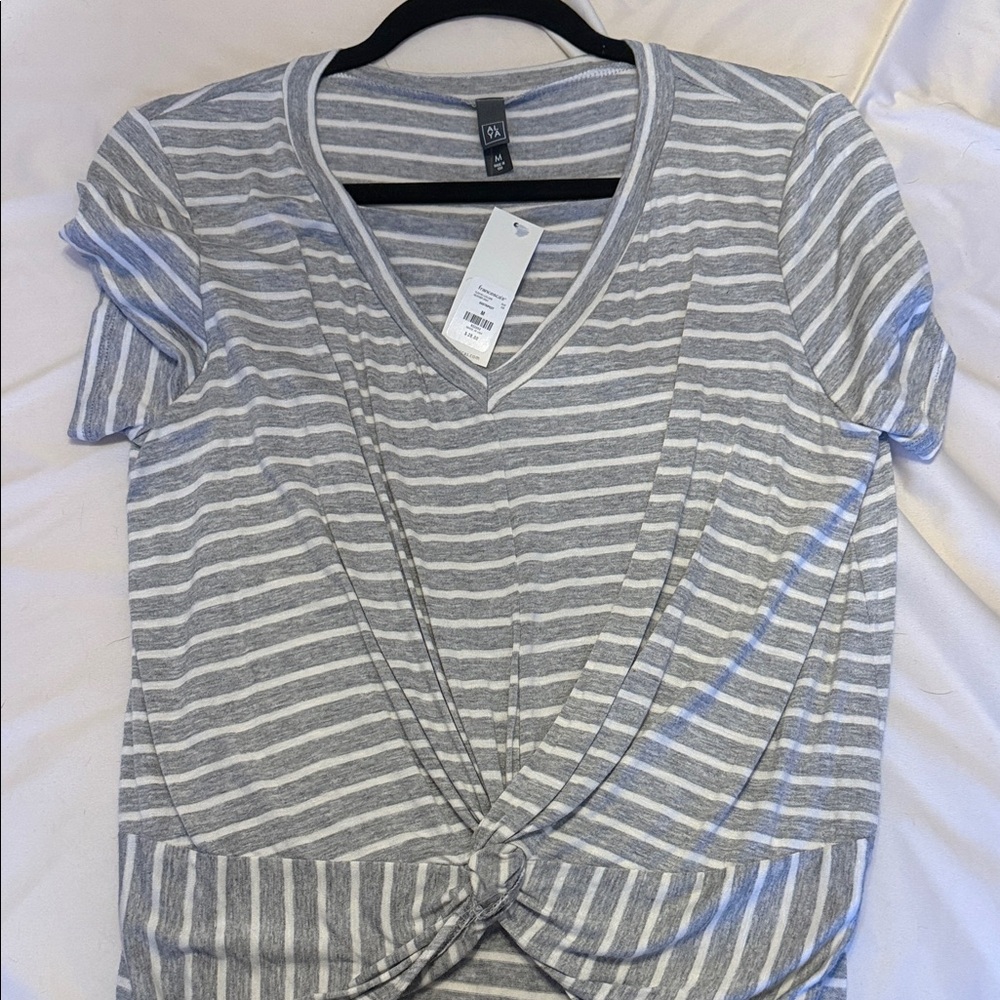 Alya Gray and White Striped Short Sleeve Tee